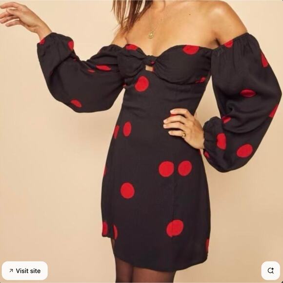 NWT Reformation 12 Long Sleeve Roshay Polka Dot Off the Shoulder Dress Black Red - Picture 1 of 6